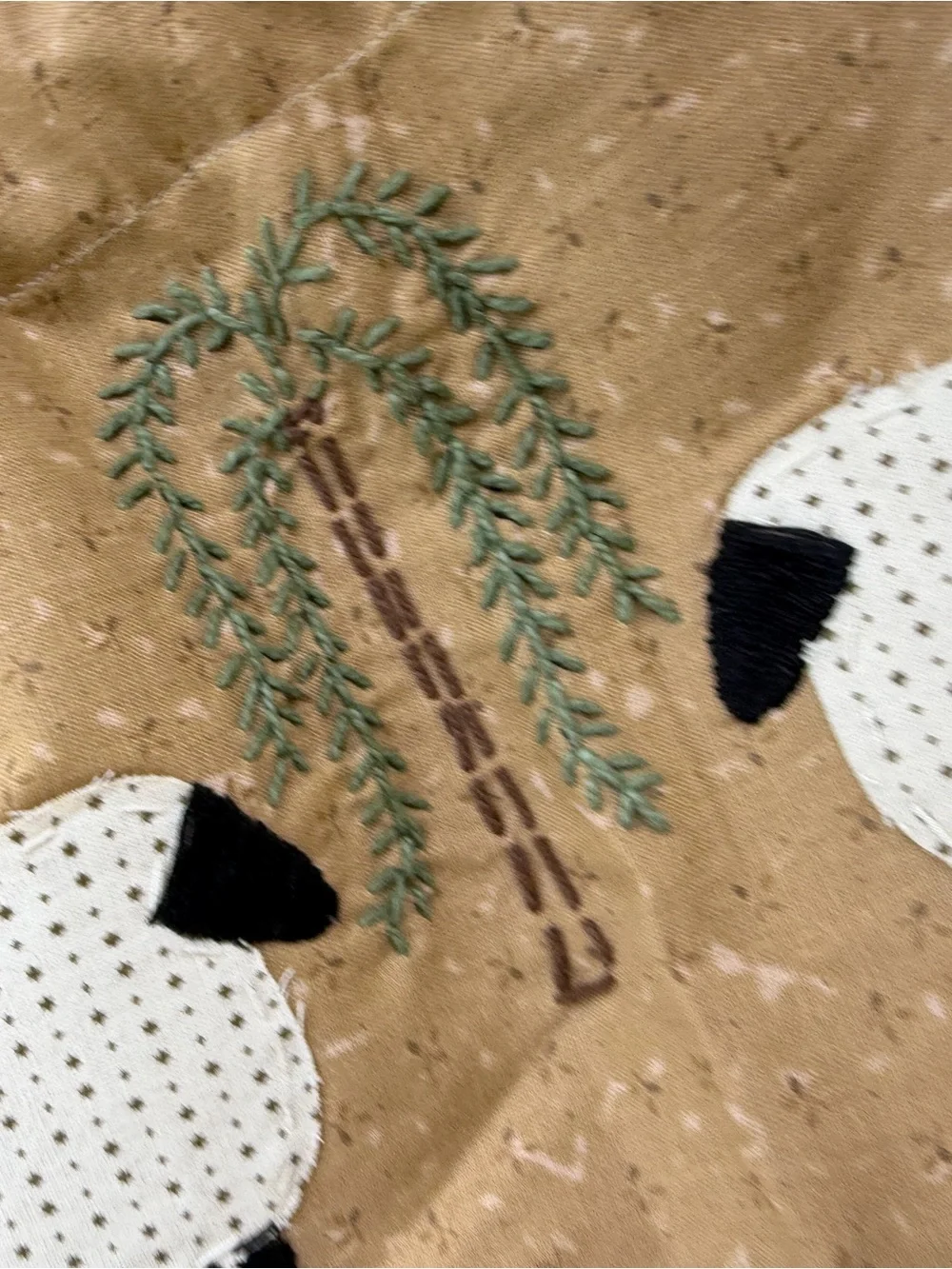 Primitive embroidered Tan Sheep-Print Skirt with Olive Trim Valance